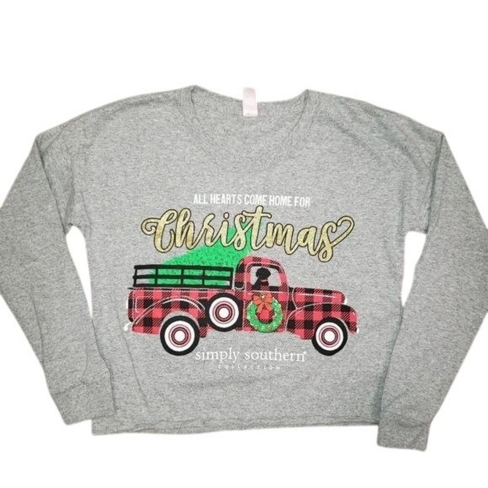 Simply Southern Christmas winter truck Graphic long sleeve Sweatshirt S Gray